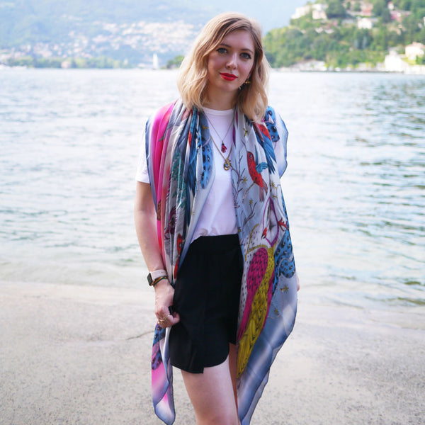 Wearing the new Frontier silk scarf by the lake.