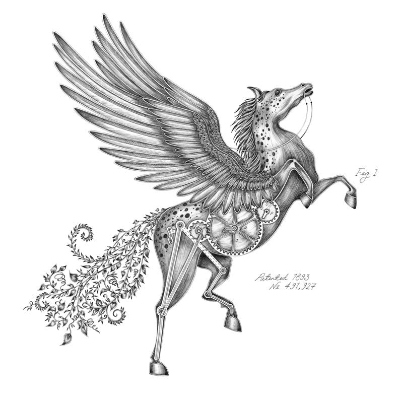 The magnificent Pegasus illustration, featuring a clockwork detail and foliage-tails.