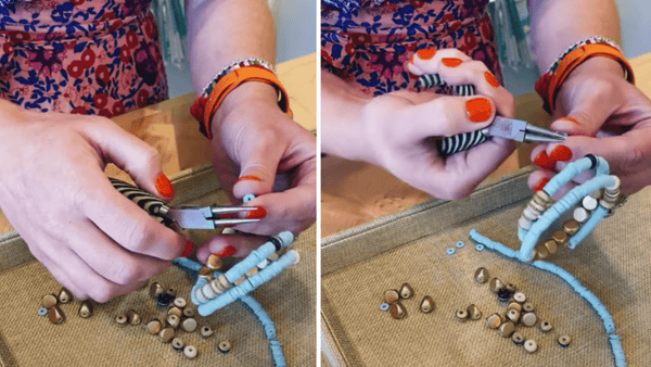 curling the end of the memory wire to secure the beads and finish the bracelet