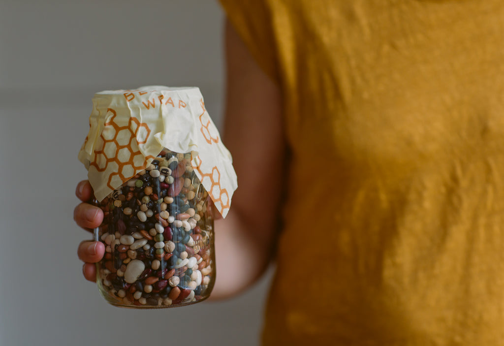 jar of dry beans with bees wrap