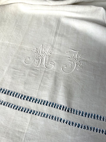antique French linen sheet fine quality embroidered MJ double size cream colour bedding