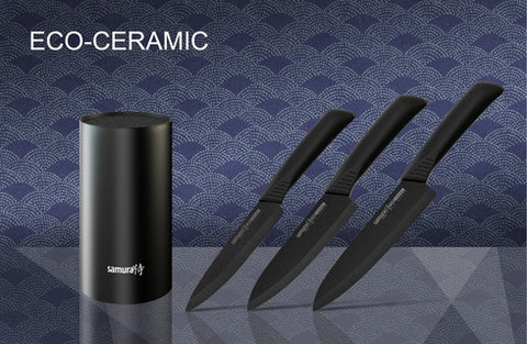 Набор 3 керамических ножей из черной керамики и универсальная браш-подставка SKC-004B
