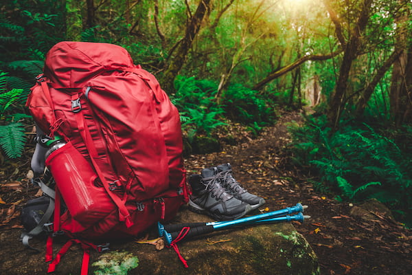 Red hiking backpack and equipment