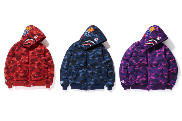 CITY CAMO SHARK HOODIE DOWN JACKET available at BAPE STORE