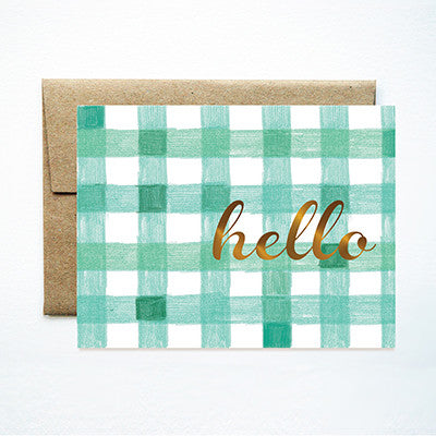 Foil aqua gingham hello card