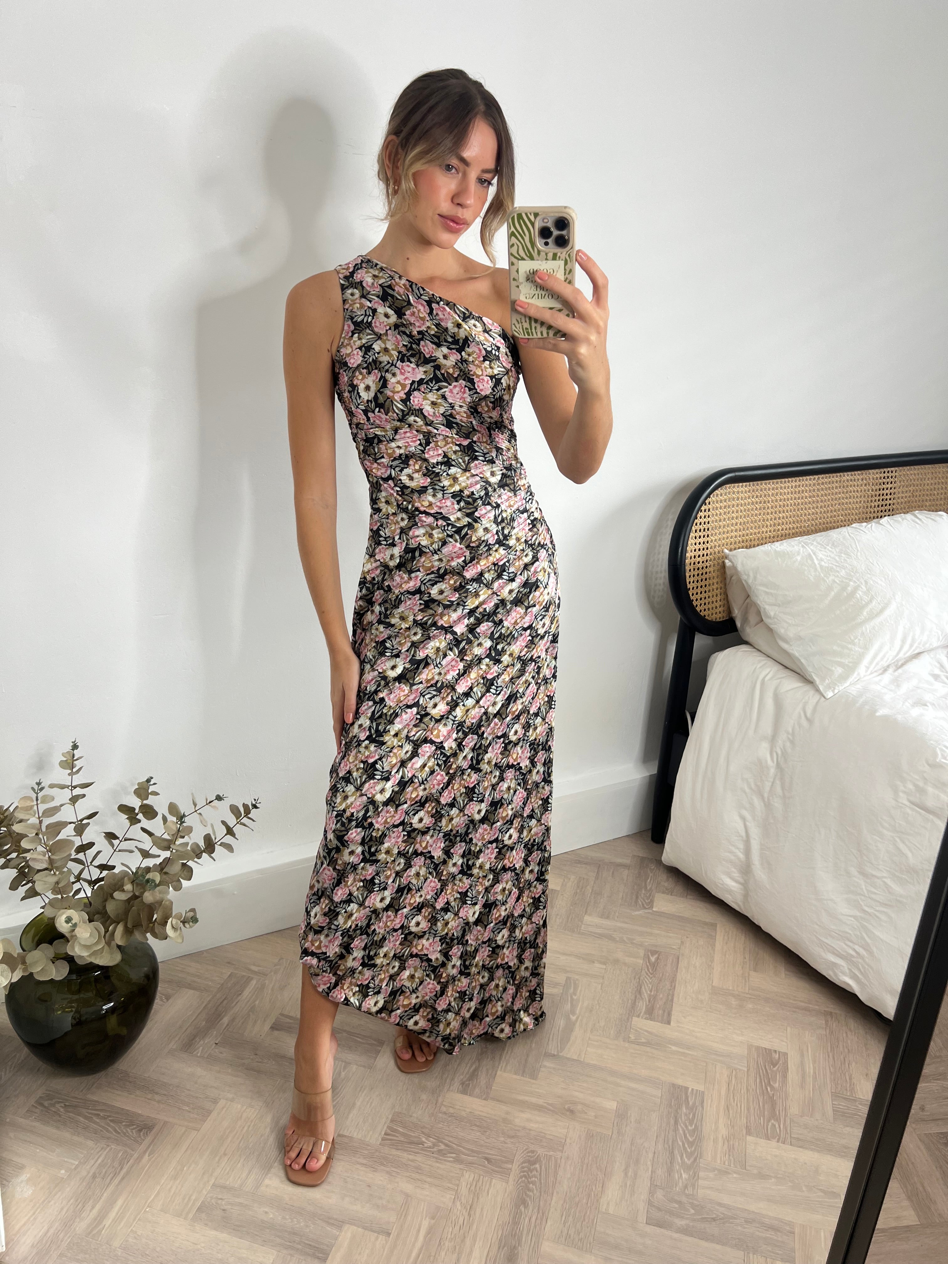 Marley Asymmetric Pleated Maxi Dress / Pink Floral