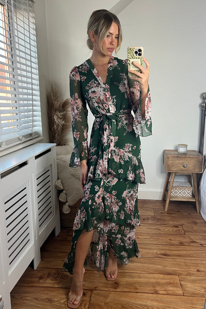 Isabella Tiered Sleeved Maxi Dress / Green Floral