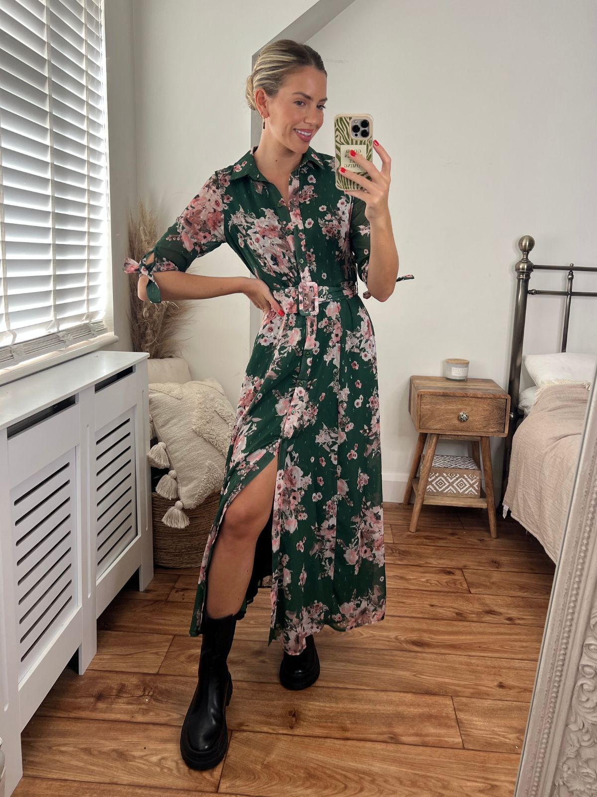 Daphne Belted Shirt Dress / Green Floral Chiffon