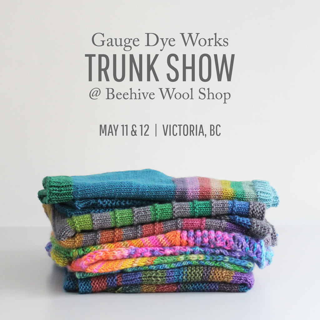 Gauge Dye Works trunk show at Beehive Wool Shop Victoria BC samples yarn for sale