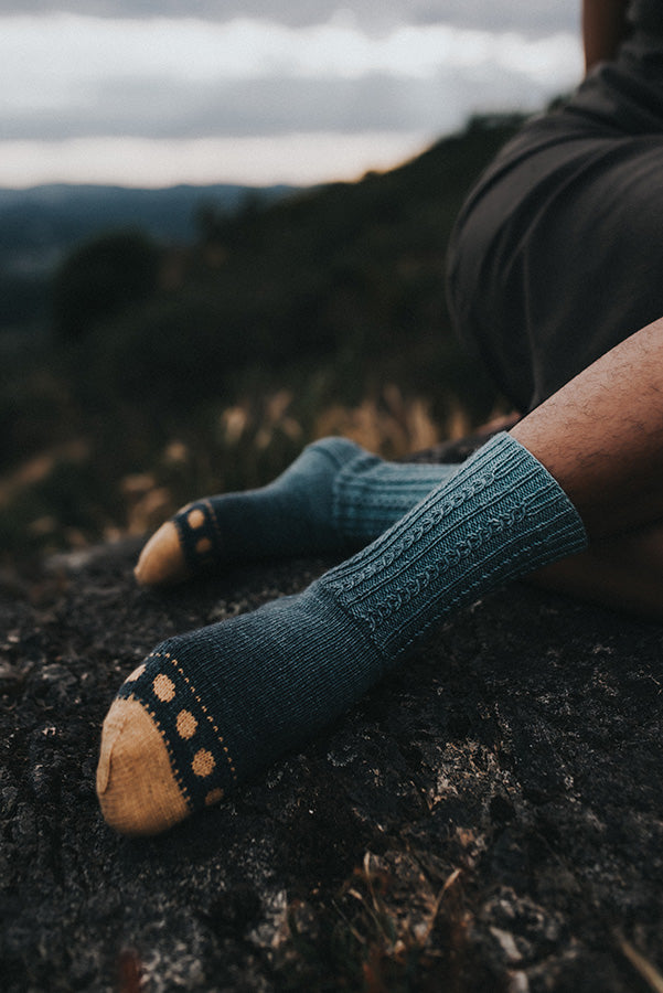 Sun and Moon hand knit socks by andrea rangel and Gauge Dye works