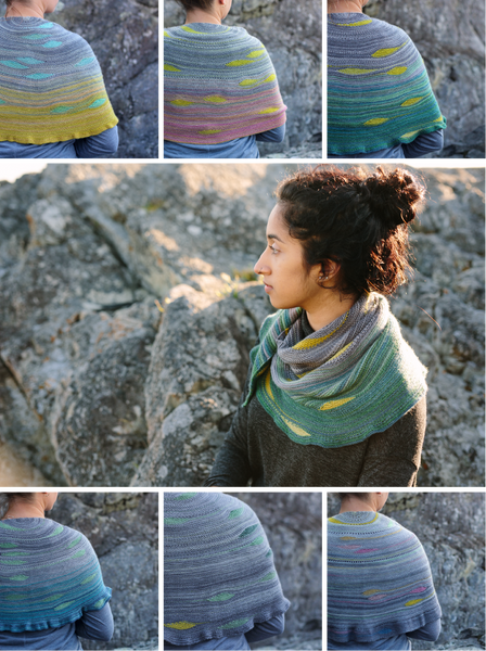 Goldstream shawl self striping knitting pattern and wool yarn from Andrea Rangel and gauge dye works