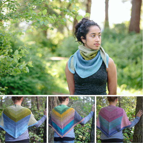 North Shore shawl self striping knitting pattern and wool yarn from Andrea Rangel and gauge dye works