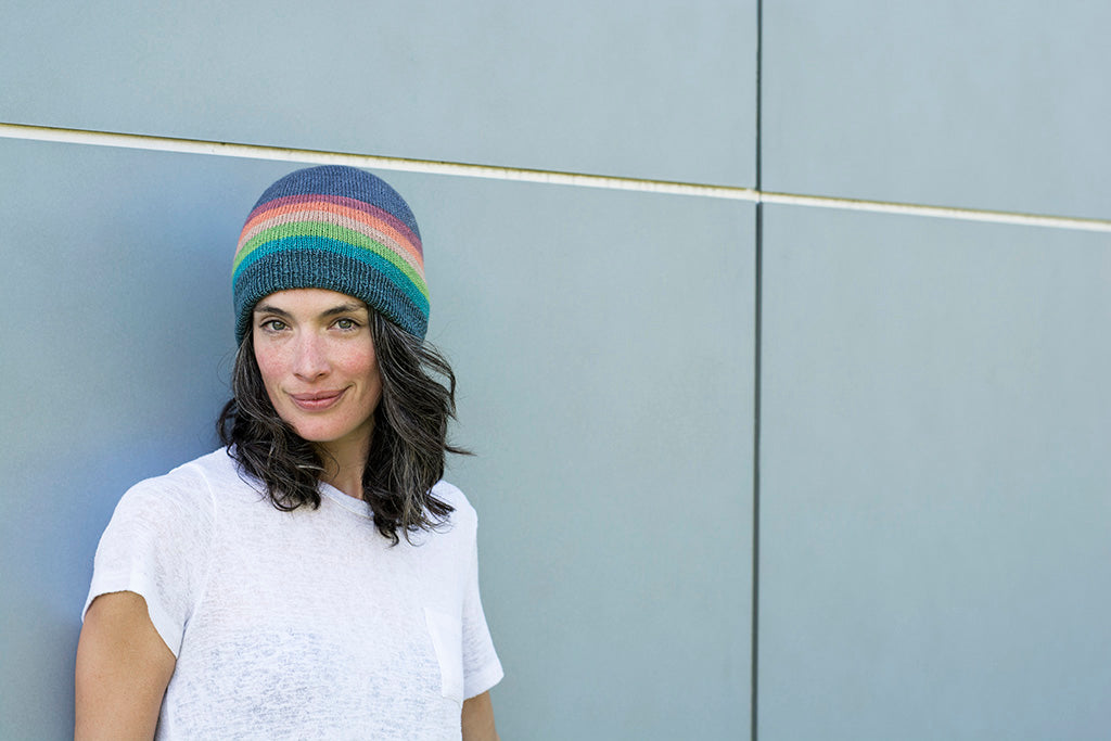 Full Spectrum rainbow self striping wool yarn hat by Andrea Rangel knits and gauge dye works