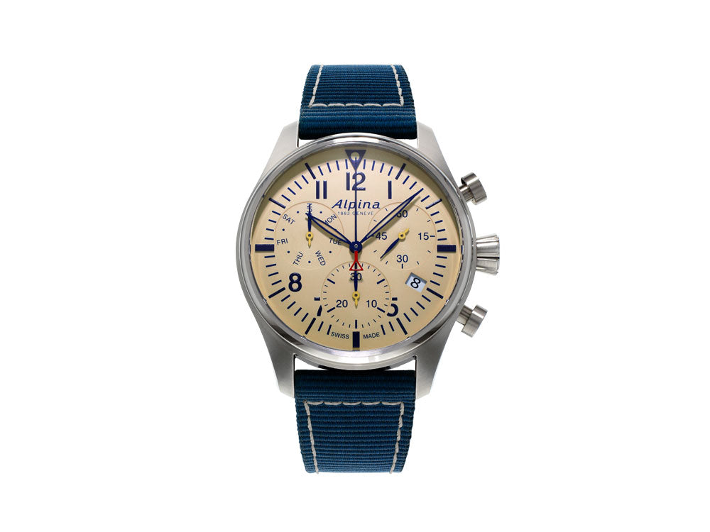 Reloj de Cuarzo Alpina Startimer Pilot Chronograph, Beige, Azul, Día y fecha