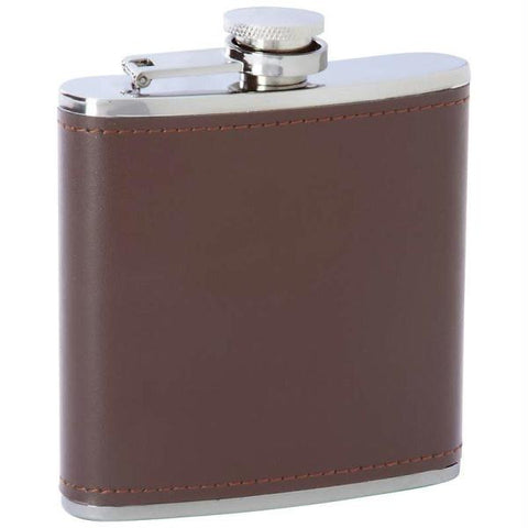 Picture of Maxam 6oz Stainless Steel Flask With Brown Genuine Leather Wrap