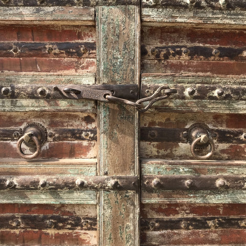 Large Antique Indian architectural door, red & green painted A5889