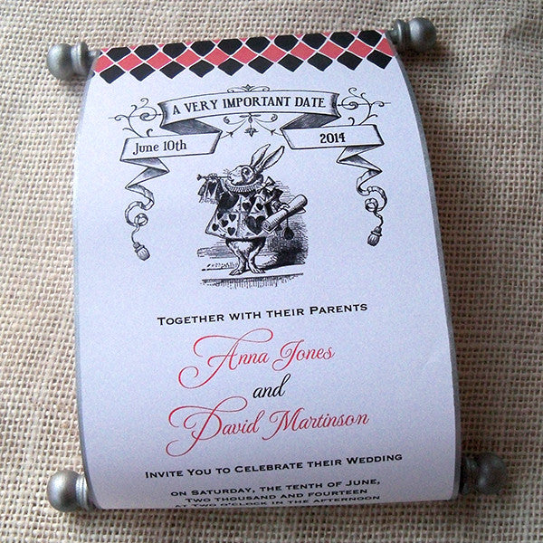 Alice in Wonderland Wedding Invitation Scroll, set of 5