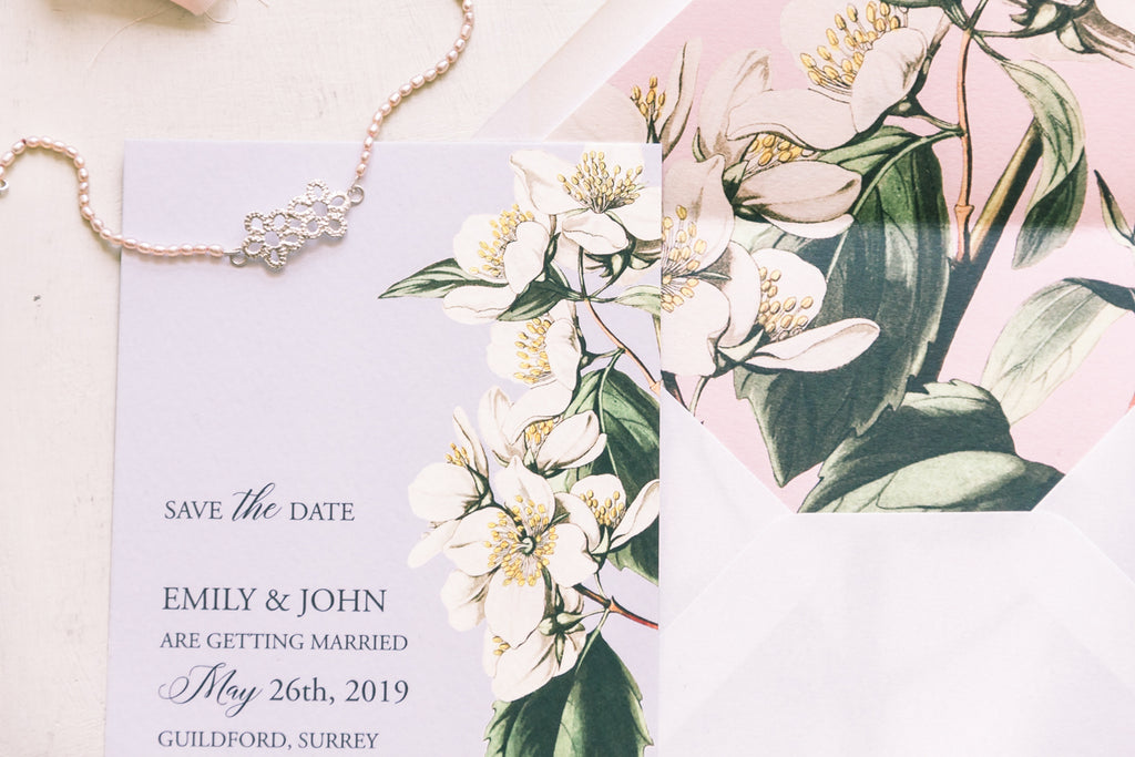Pearls and florals jewellery and wedding invitations
