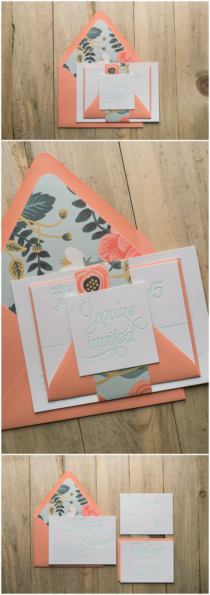 Wedding Invitations, Floral, Coral, Letterpress, Mint Letterpress, Spring Wedding, Summer Wedding, Floral Envelope Liner, Floral Belly Band