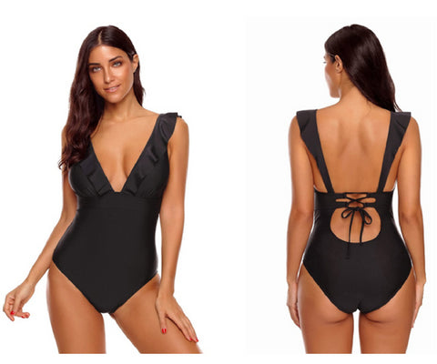 Black Ruffled V-Neck Lace-Up Back Swimsuit | Lookbook Store