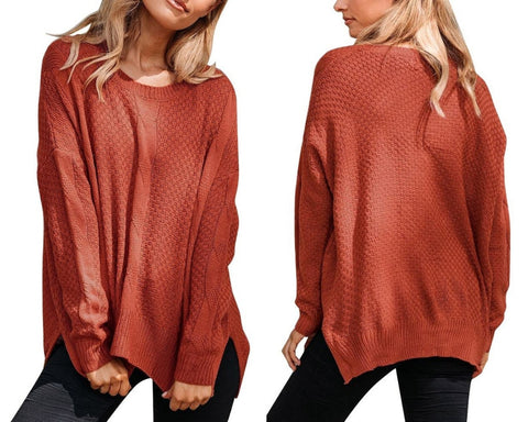 Rust Red Ribbed Knit Textured Side-Slit Sweater