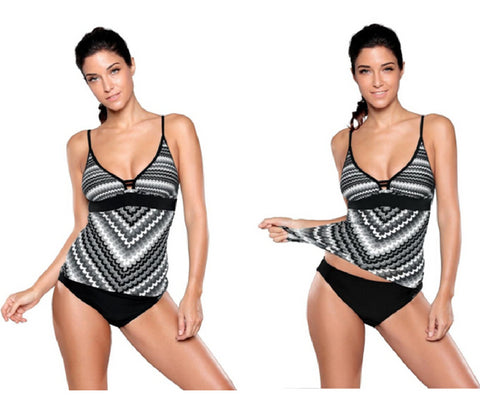 Black Scallop-Print Black-Trim Tankini Set | Lookbook Store