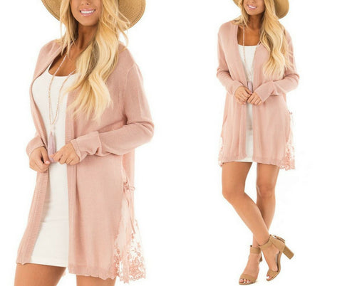 Blush Pink Long Sleeves Crochet Lace Open-Front Cardigan