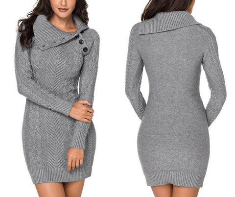 Grey Cable Knit Split Cowl Neck Sweater Dress