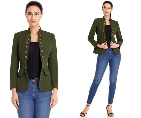 Army Green Stand Collar Open-Front Blazer