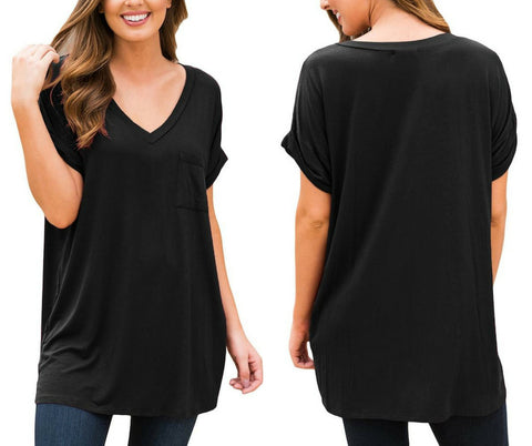 Black Short Sleeves Front Pocket Loose V-Neck Tee