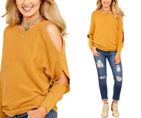 Mustard Yellow Cutout Slit Loose Sweater