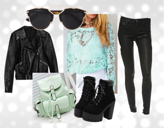 all-black set with mint lace  top and mint green backpack
