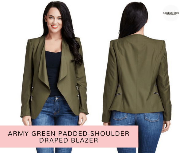 Army Green Padded-Shoulder Draped Blazer | Lookbook Store