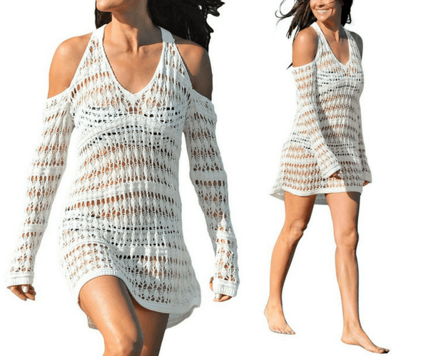 Beige Cold-Shoulder Crochet Beach Dress | Lookbook Store