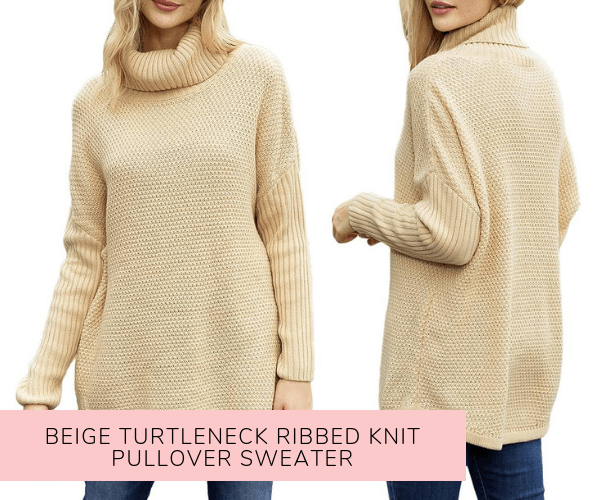 Beige Turtleneck Ribbed Knit Pullover Sweater - Lookbook Store