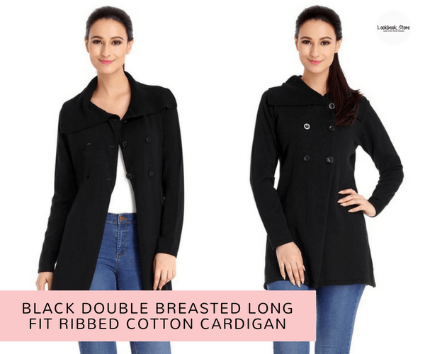 Black Double Breasted Long Fit Ribbed Cotton Cardigan | Lookbook Store