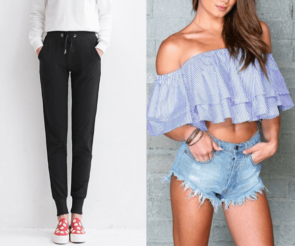 Black Drawstring Joggers and Blue Striped Layered Off-Shoulder Crop Top | Lookbook Store