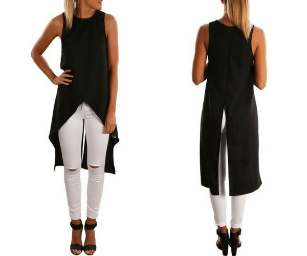 Black Faux Wrap Asymmetrical Sleeveless Blouse - Lookbook Store