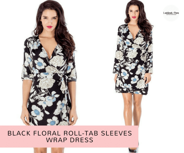 Black Floral Roll-Tab Sleeves Wrap Dress - Lookbook Store