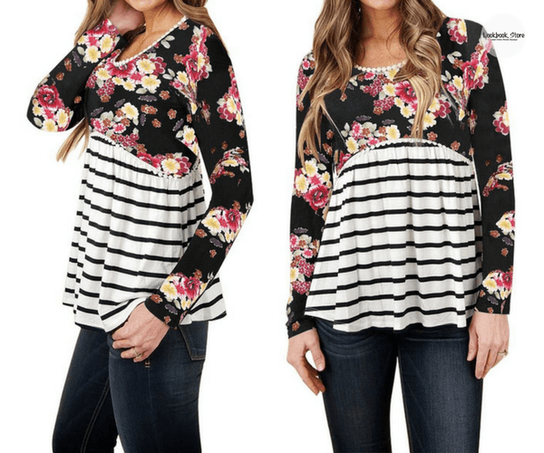 Black Floral Striped Empire-Cut Top | Lookbook Store