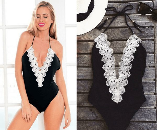 Black Lace-Trim Halter Swimsuit | Lookbook Store