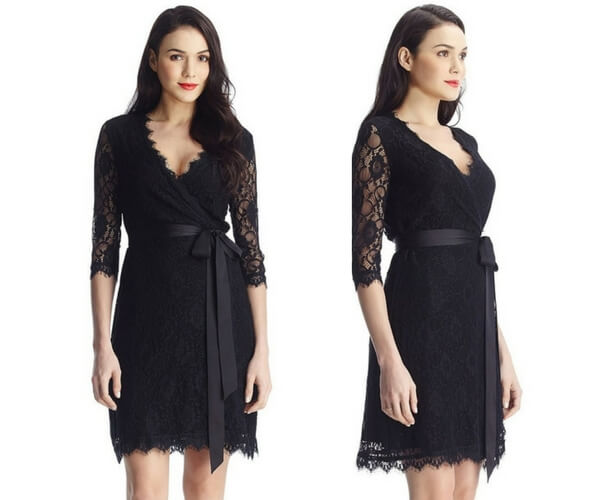 Black Lace Overlay Plunge Wrap-Style Dress