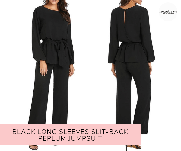 Black Long Sleeves Slit-Back Peplum Jumpsuit - Lookbook Store