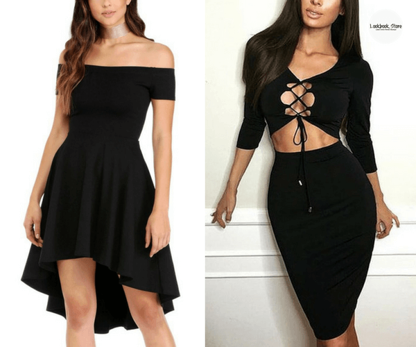 Black Off-Shoulder High-Low Skater Dress and Black Lace-Up Cut Out Midi Dress Lookbook Store