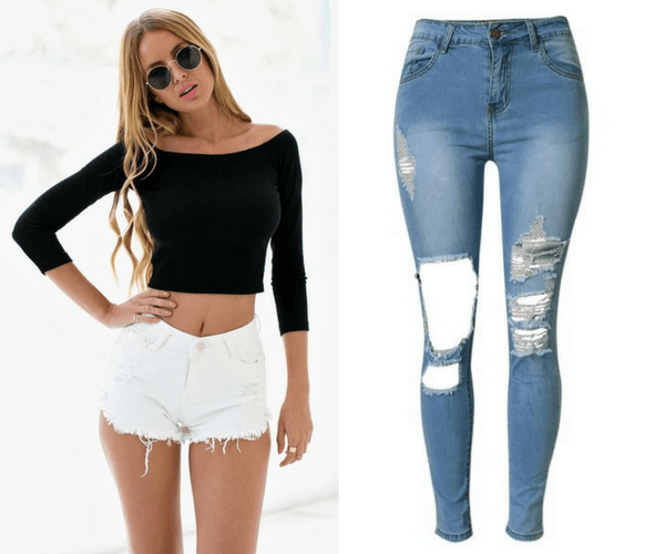 Black Off Shoulder Crop Top and Blue Distressed High-Waist Skinny Jeans | Lookbook Store