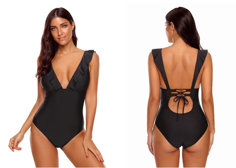 Black Ruffled V-Neck Lace-Up Back Swimsuit | Lookbook Store