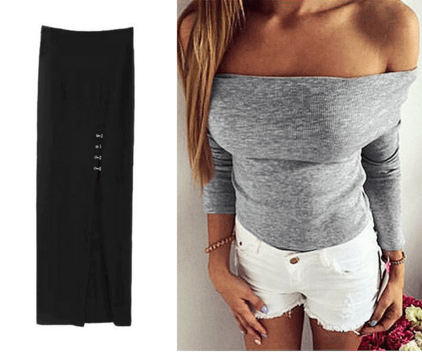 Black Side-Slit Long Skirt and Grey Off-Shoulder Ribbed Knit Top | Lookbook Store