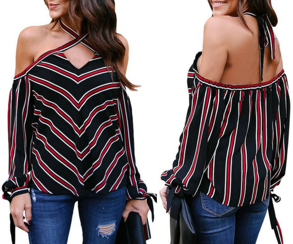 Black Striped Halter Off-Shoulder Blouse | Lookbook Store