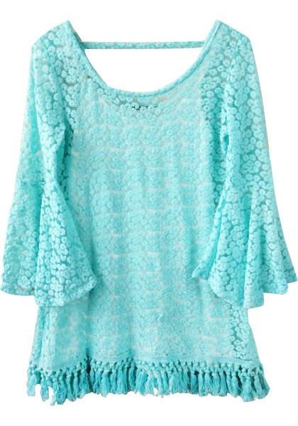 Crochet Short Tassels Dress - Teal-min