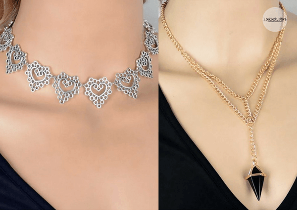 Cutout Silver Heart Choker and Black Charm Layered Y Necklace | Lookbook Store